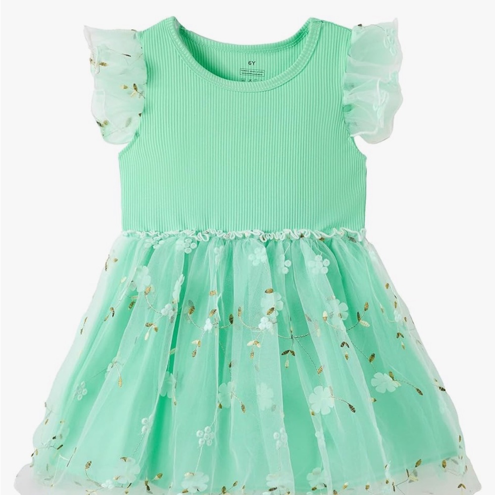 UMELOK Mint Green Floral Dress with Ruffled Sleeves